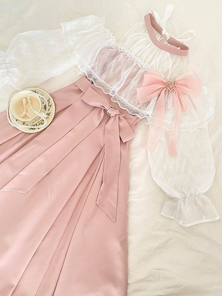 Japanese Tea - Japanisches Klassisches Lolita Off-Shoulder Rosa Spitzen-Maxikleid